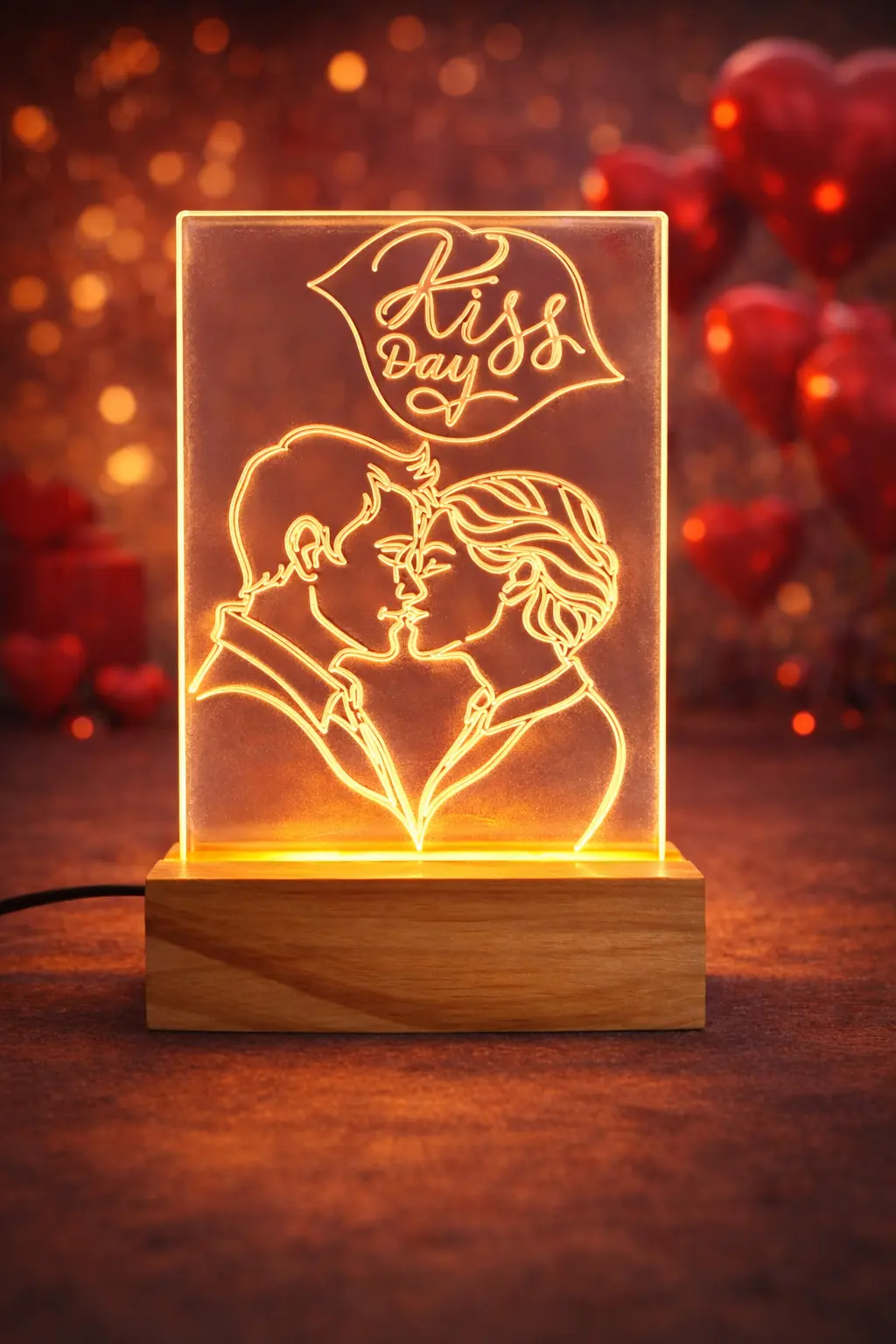 Valentine's Kiss Day LED Acrylic Light with Wooden Base, Romantic Couple Design, Warm Yellow Illumination, Valentine's Day Gift