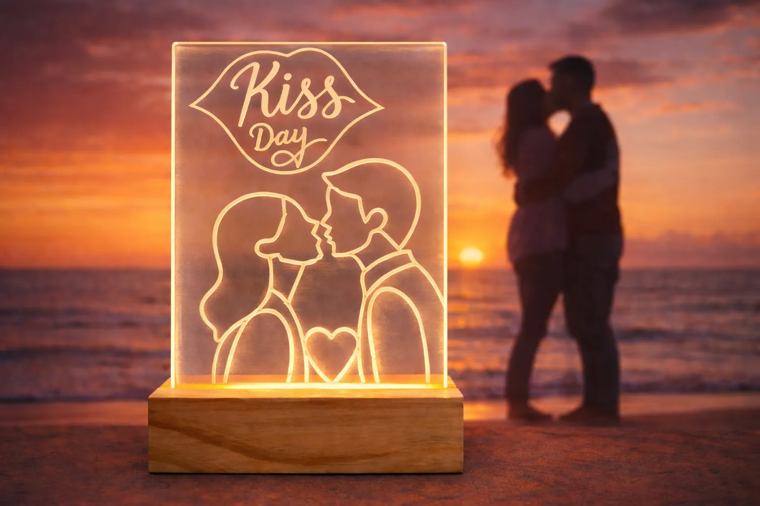 Kiss Day LED Night Light with Wooden Base, Romantic Couple Design Acrylic Lamp with Power Adapter, Valentine's Day Home Decor Gift