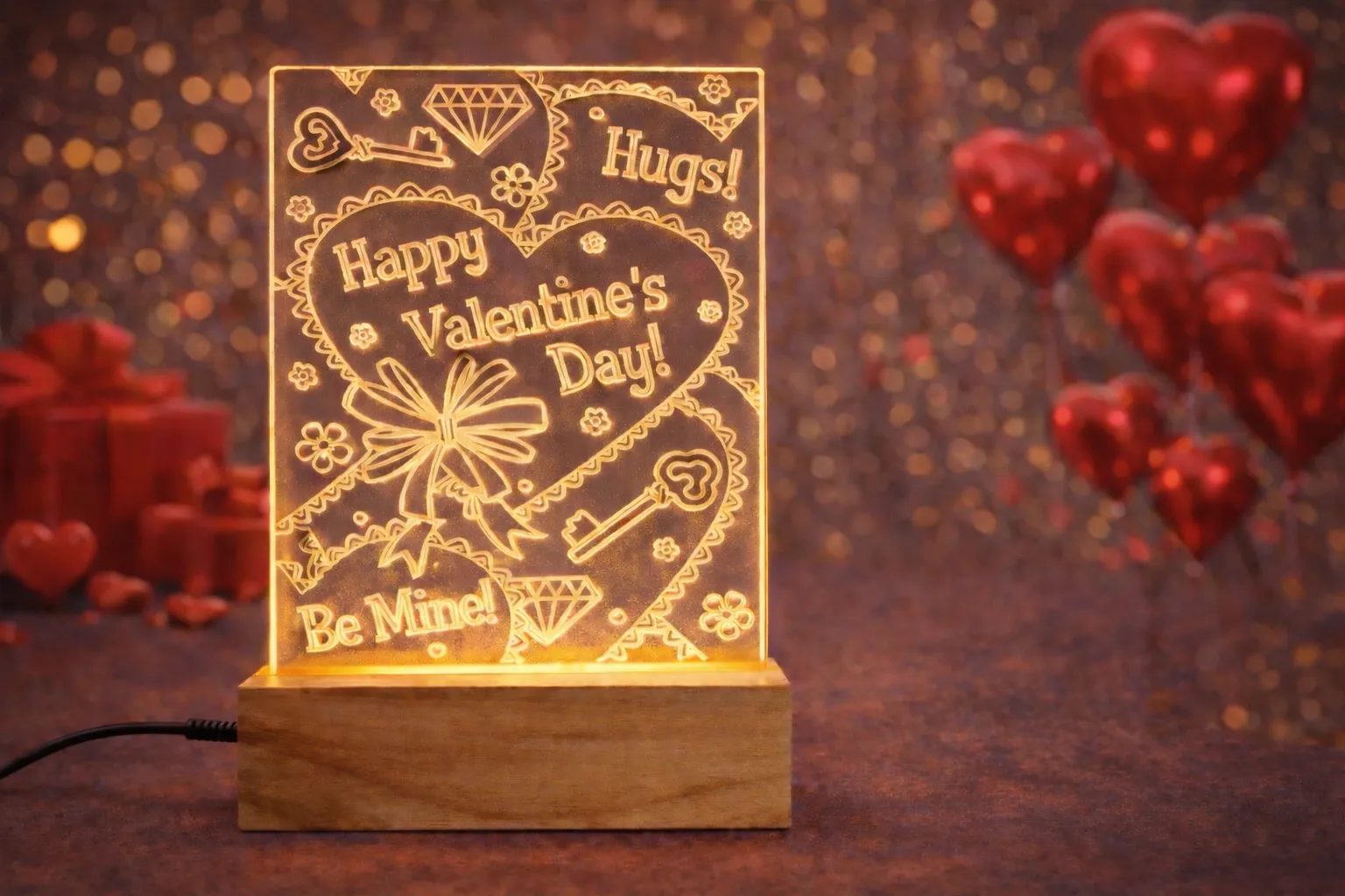 Happy Valentine's Day lamp with Wooden Base, Light lamp with Power Adapter, Premium Valentine Gift for Partner