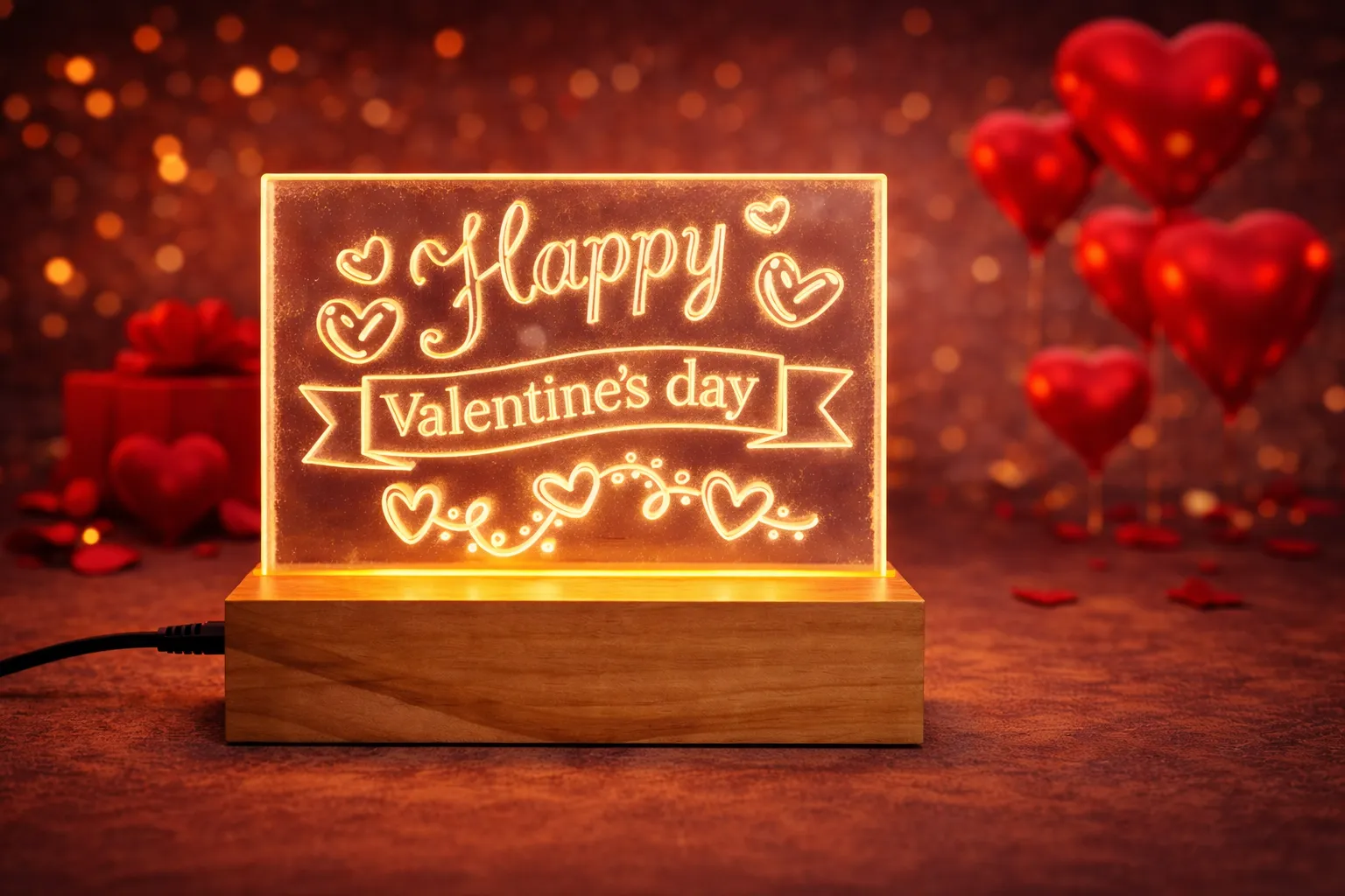 Happy Valentine's Day LED Night Light Lamp with Wooden Base, Acrylic Sign with Hearts Design, Power Adapter Included, Romantic Gift for Partner