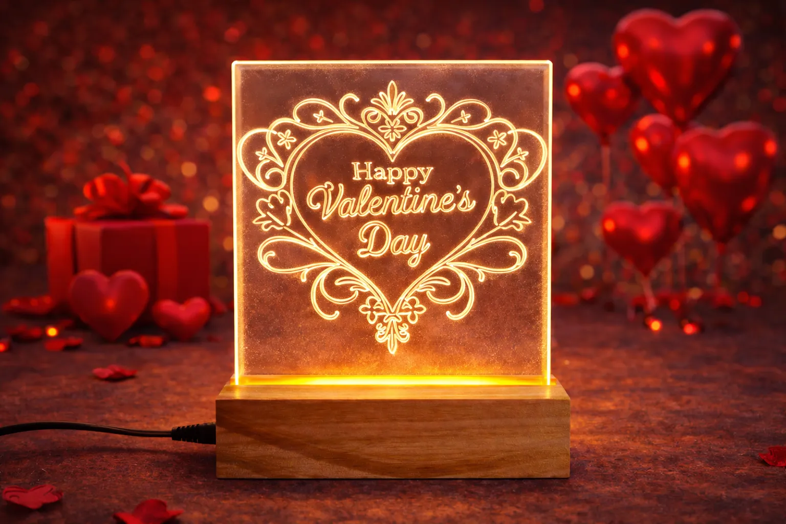 Happy Valentine's Day LED Light Sign with Wooden Base, Romantic Heart Design Acrylic Illuminated Decor with Power Adapter