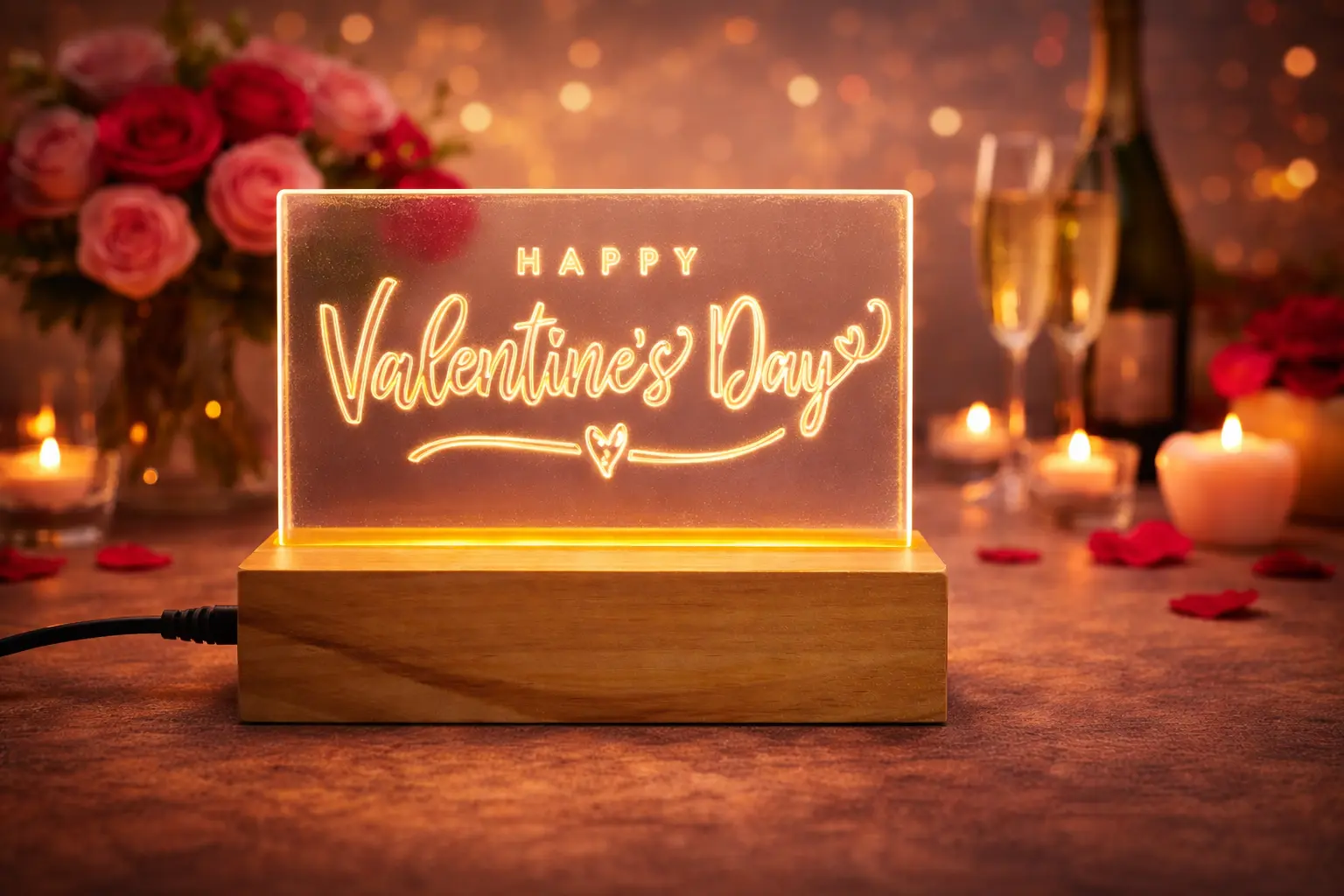 Happy Valentine's Day LED Light Lamp with Wooden Base, Romantic Heart Design Acrylic Lamp with Power Adapter