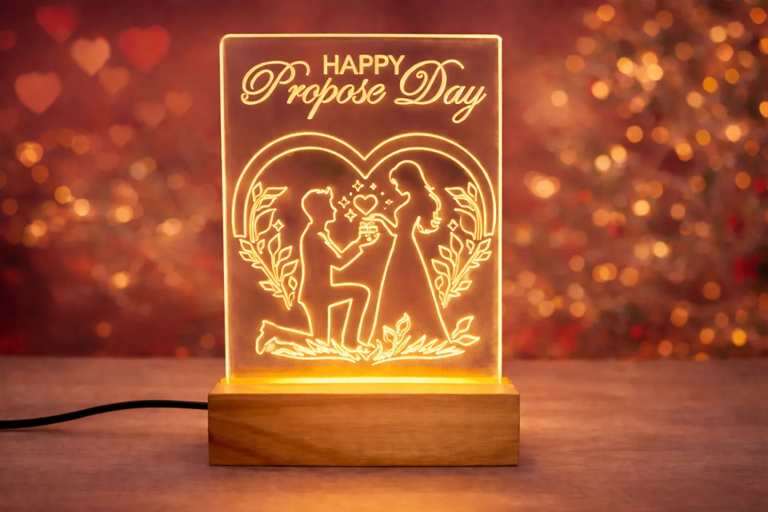 Happy Propose Day LED Acrylic Light with Wood Base, Romantic Couple Design Night Lamp, Premium Valentine's Week Gift with Power Adapter