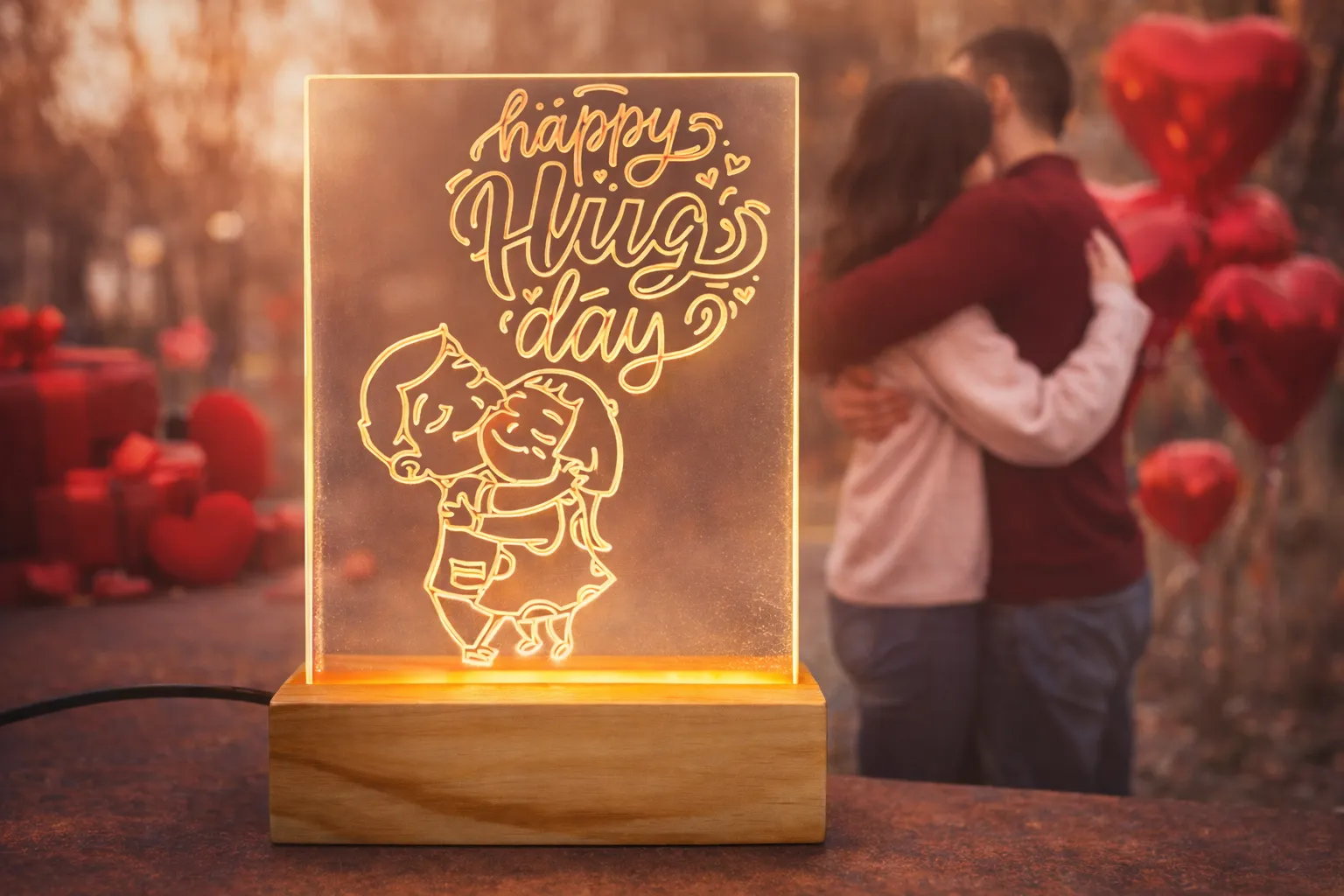 Happy Hug Day LED Acrylic Light with Wooden Base, Romantic Valentine's Week Gift, Home Decor Night Lamp with Power Adapter