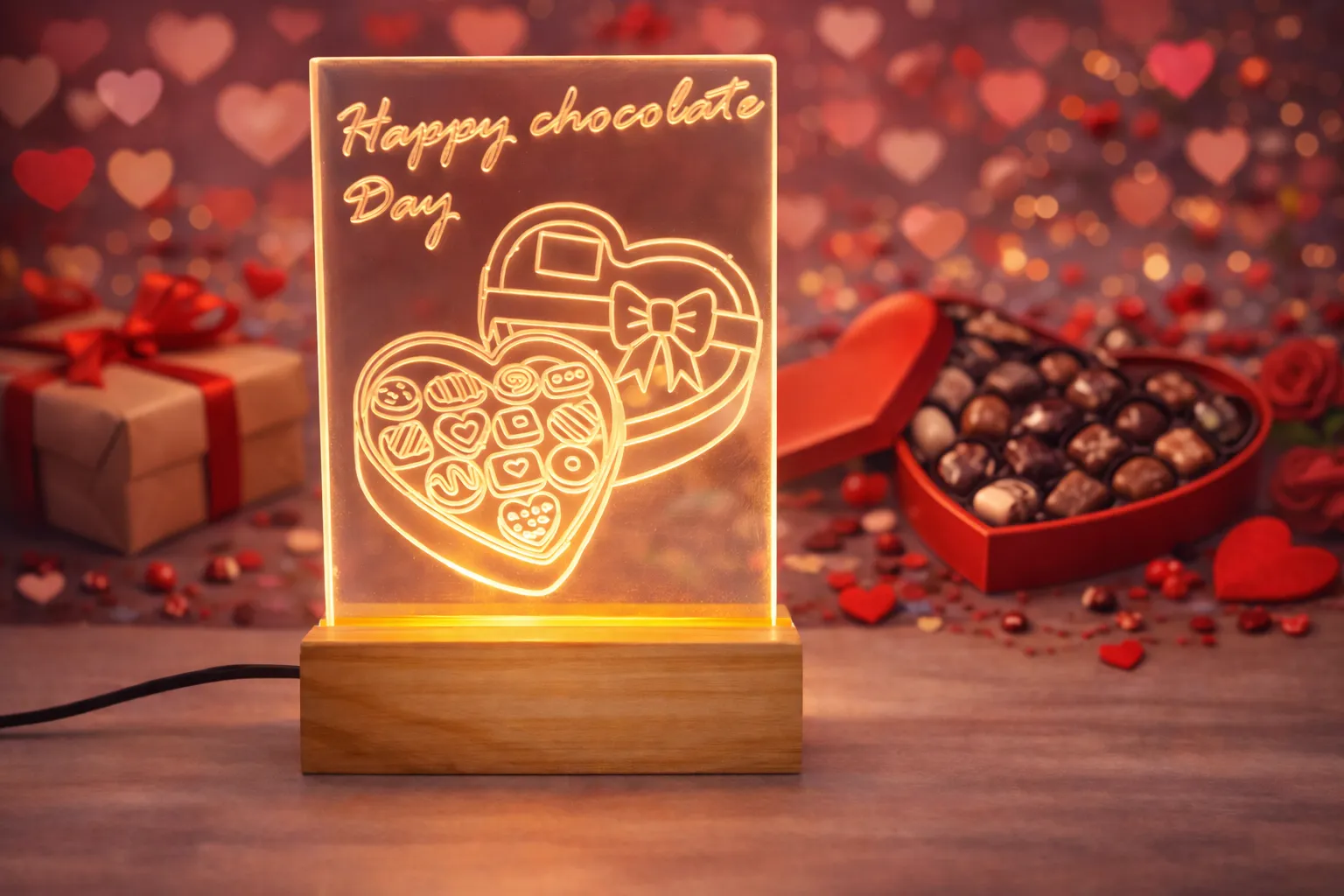Happy Chocolate Day LED Acrylic Light with Wooden Base, Heart Shaped Chocolate Box Design, Warm Glow Romantic Valentine Week Decor with Power Adapter