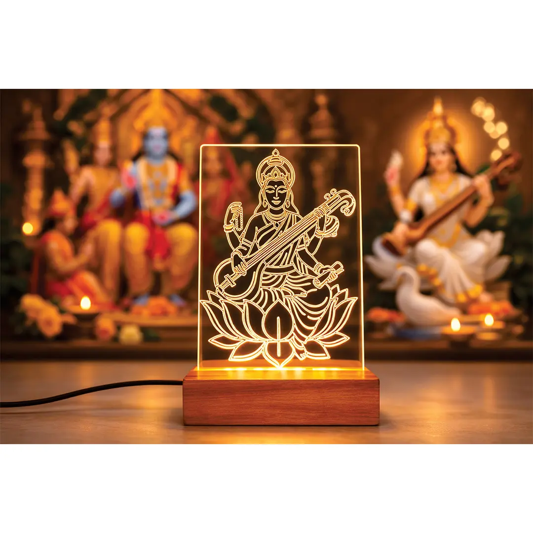 Goddess Saraswati 3D Illusion LED Night Lamp, Acrylic Engraved, Warm Yellow Light, Wooden Base, with Power Adapter