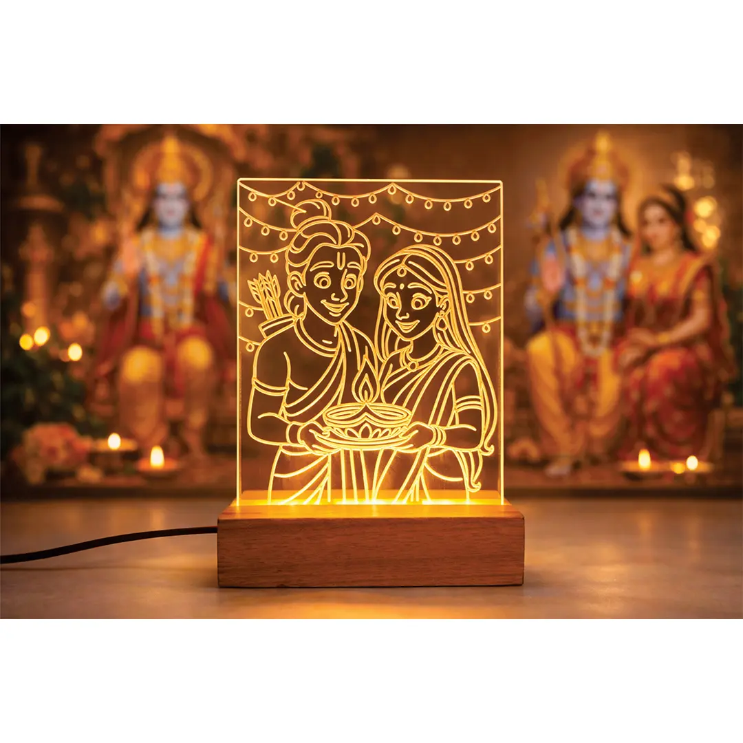 Ram Sita LED Acrylic Night Lamp, Warm Yellow, Wooden Base, Diwali Festive Decor, with Power Adapter