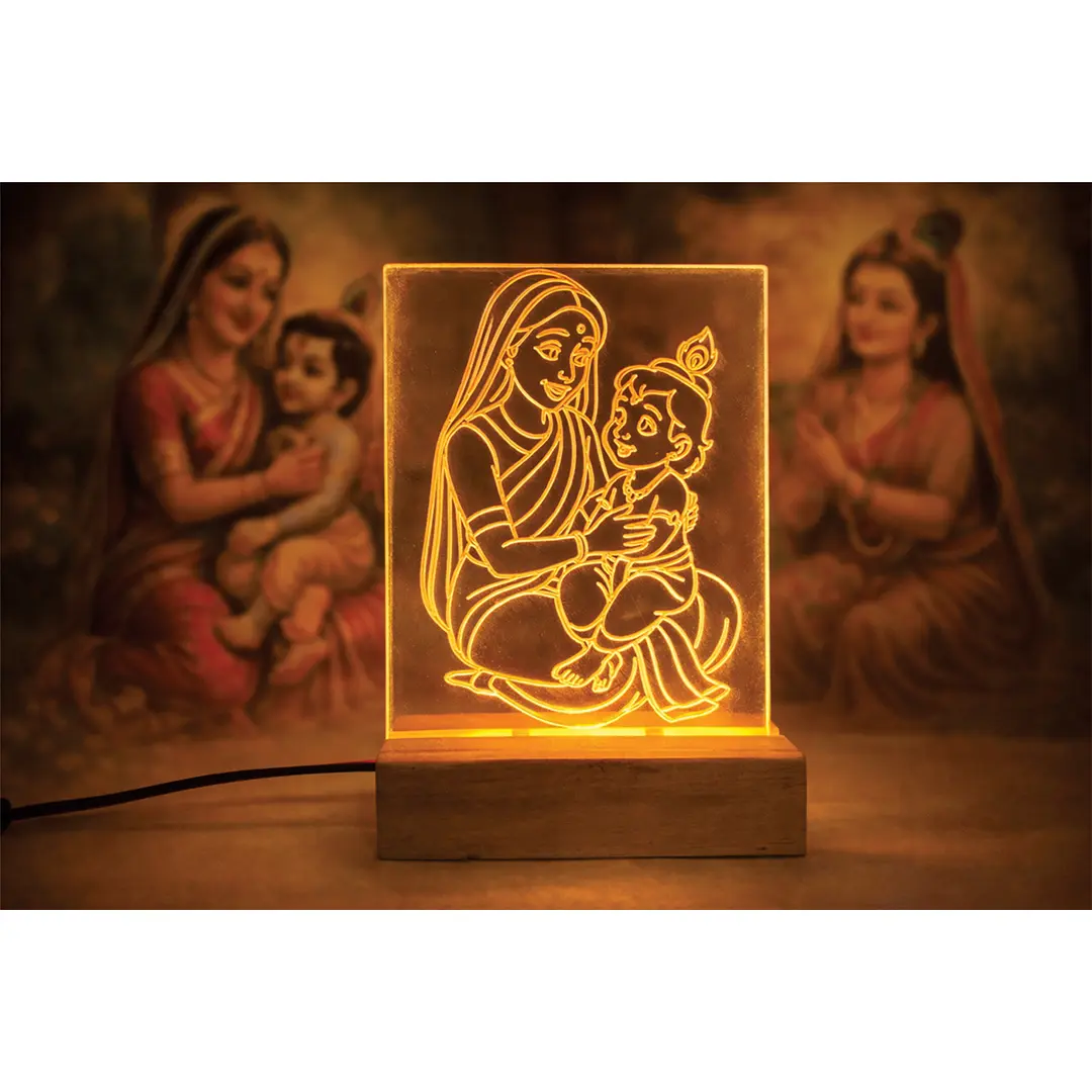 Maa Yashoda Holding bal Krishna Acrylic LED Night Lamp, Warm Yellow Light, Wooden Base, with Power Adapter, Hindu Devotional Decor
