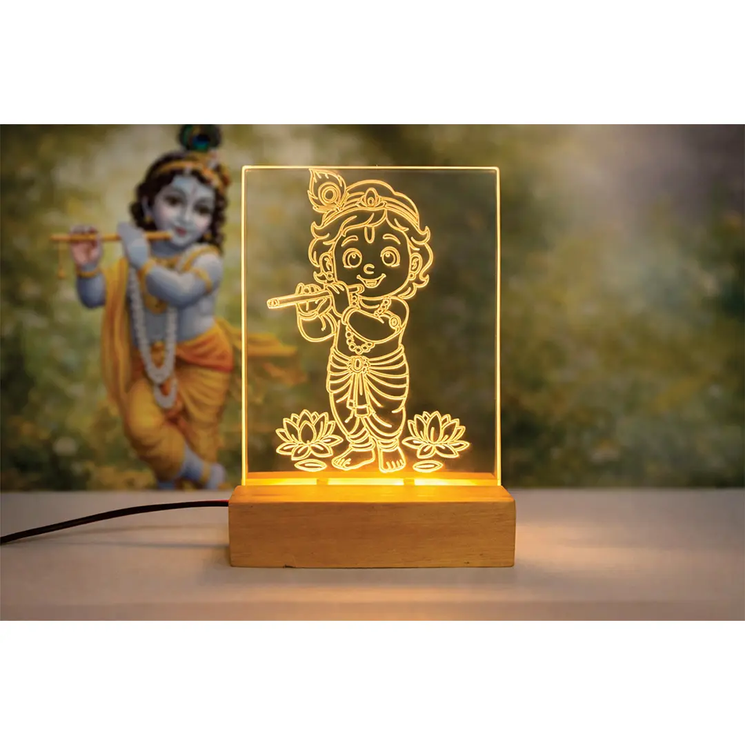 Little Krishna LED Acrylic Night Lamp, Warm White, Wooden Base, Flute Design, with Power Adapter