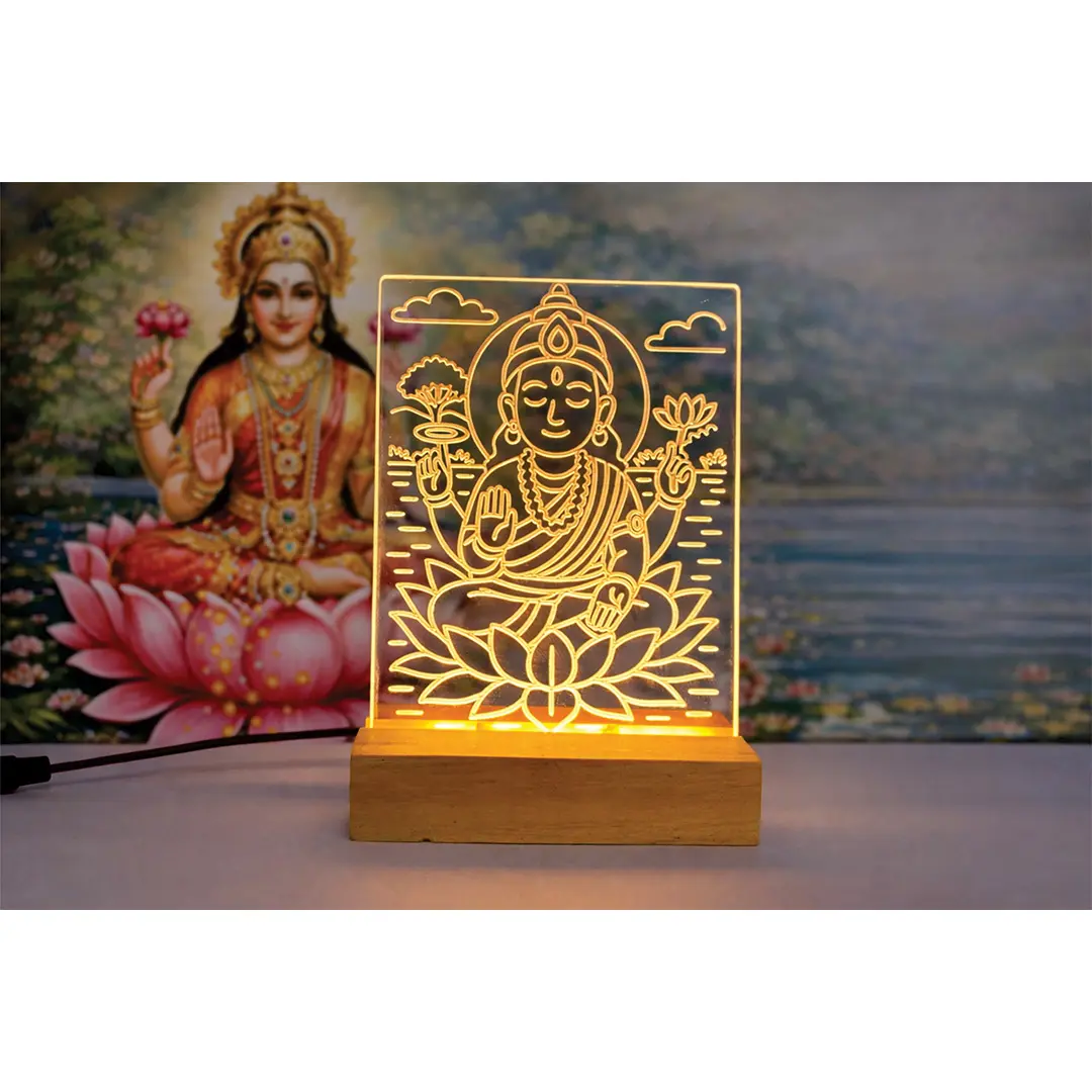 Goddess Lakshmi 3D LED Illusion Night Lamp – Divine Acrylic Light with Wooden Base