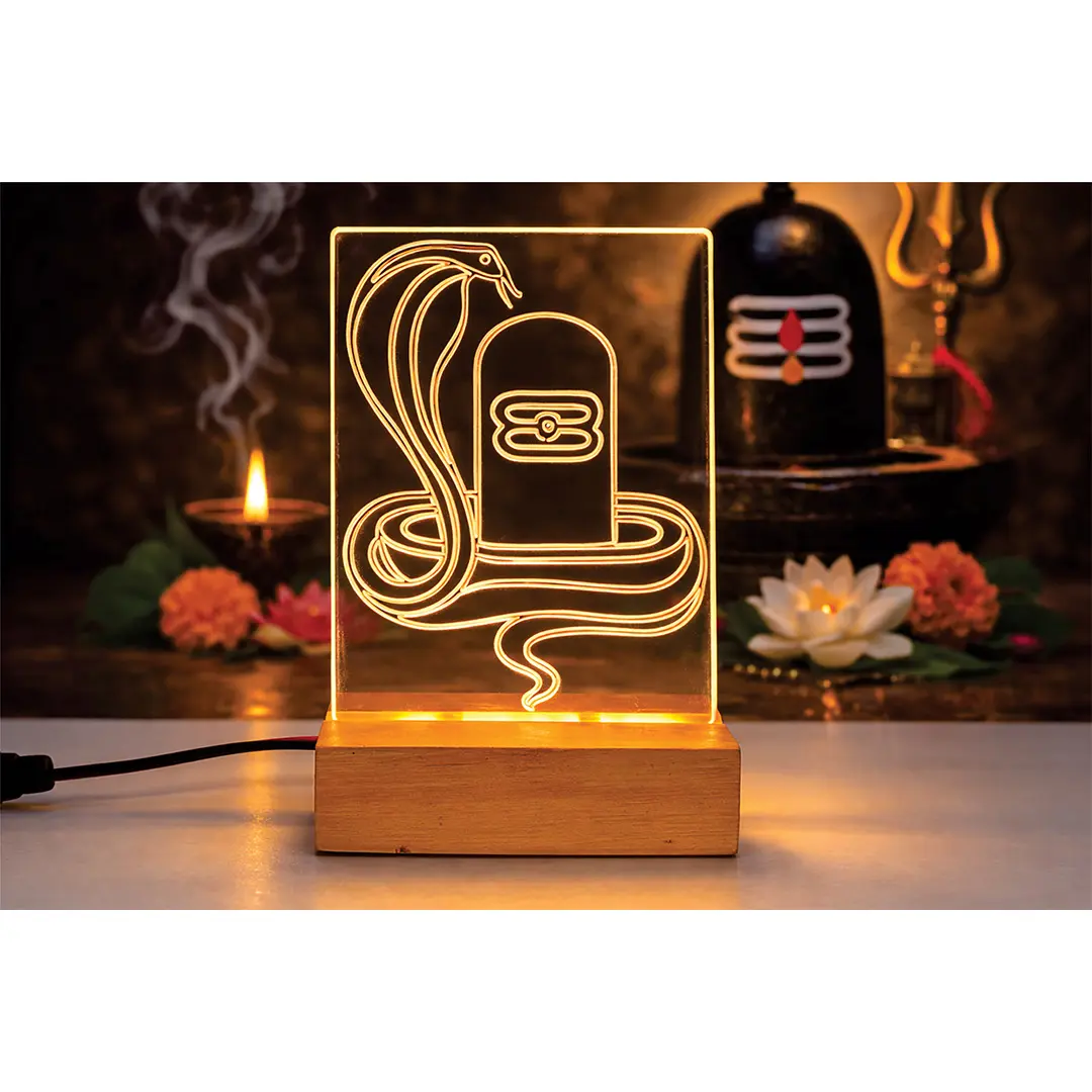 Shivling with Cobra Acrylic LED Night Lamp, Warm White, Wooden Base, with Power Adapter, Home Decor