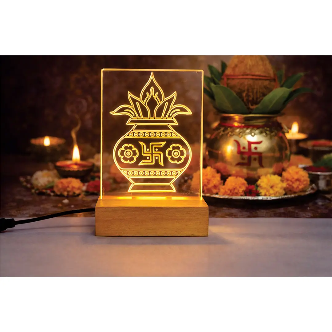 Acrylic LED Night Lamp with Kalash Swastik Design, Warm White, Wooden Base, Festive Decor, Includes Power Adapter