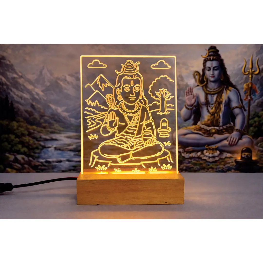 Shiv Ji LED Acrylic Night Lamp with Premium Wooden Base, Warm White, Home Decor and Mandir Gift Item, Includes Power Adapter