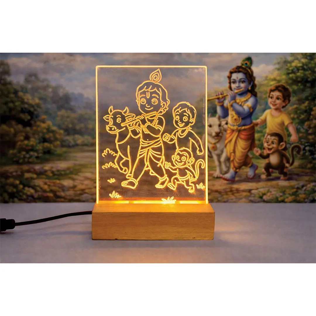 Bal Krishna with Friends LED Acrylic Night Lamp, Warm White, Wooden Base, with Power Adapter, Home Decor Gift
