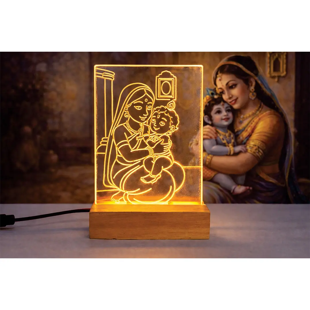 Yashoda Krishna Acrylic LED Night Lamp, Warm White, Wooden Base, Plug-in, Spiritual Home Decor