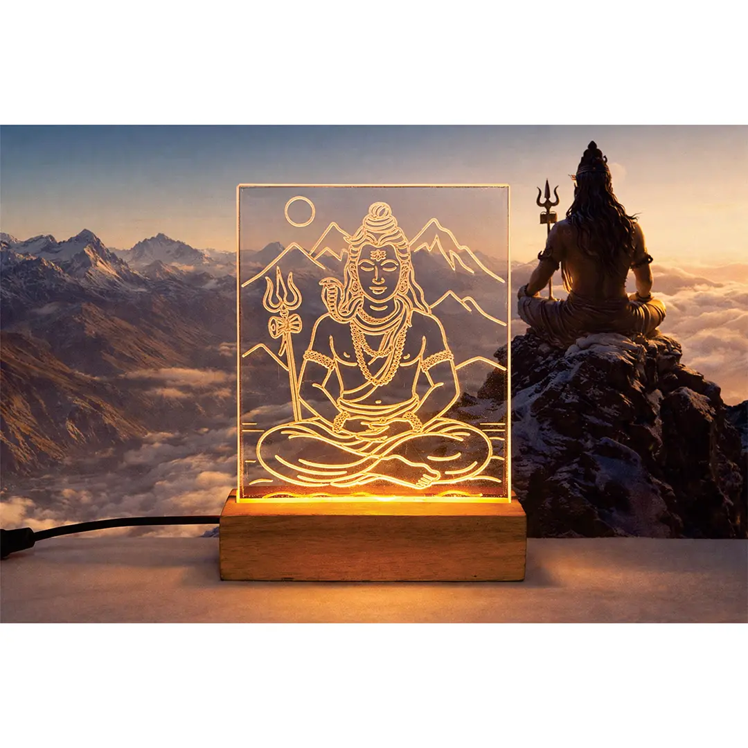 Lord Shiva LED Acrylic Lamp, Shiv ji - Meditating Portrait Design, Wooden Base, with Power Adapter, Home and Mandir Decor Gift