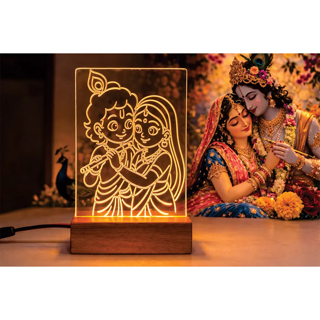 Radha Krishna LED Night Lamp, Warm Light, Premium Wooden Base, God Theme, Includes Power Adapter, Ideal Gift for Mandir