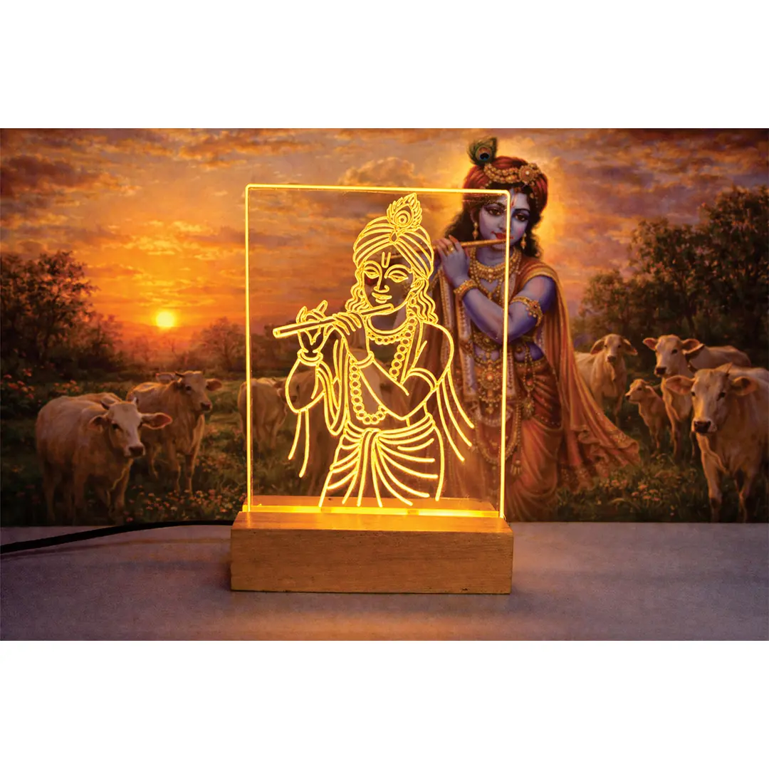 Krishna Ji LED Night Lamp, Warm Yellow Light, Premium Wooden Base, Plug-in Power Adapter Included, Home Decor Gift