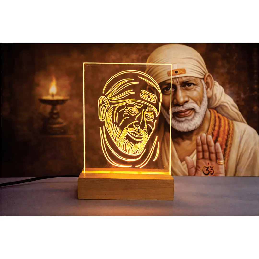 Sai Baba LED Acrylic Night Lamp with Premium Wooden Base, Warm Yellow Light, Home Decor and Mandir Gift