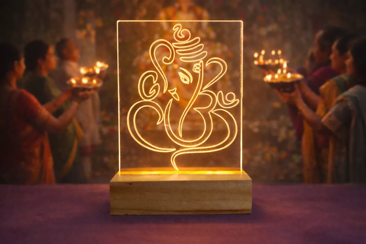 Lord Ganesha Night Lamp with Wooden Base, Acrylic Illuminated Religious Decor, Mandir Accessories with Power Adapter, Premium Gift