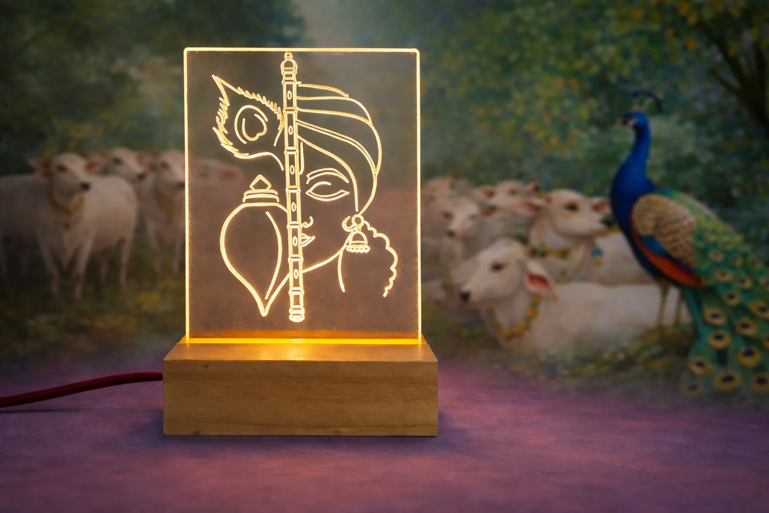 Krishna with Flute LED Night Lamp, Acrylic Engraved Design with Wooden Base, Home Decor Mandir Gift Item with Power Adapter 76% off