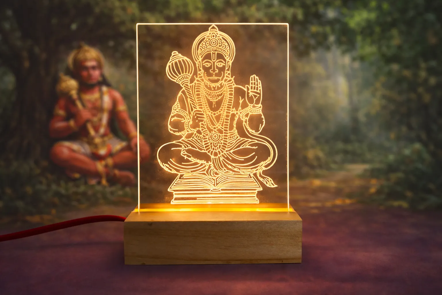 Hanuman ji LED Night Lamp with Wooden Base, Religious Decor, Home Decor, Gift Item, Mandir Accessories with Power Adapter 76% off