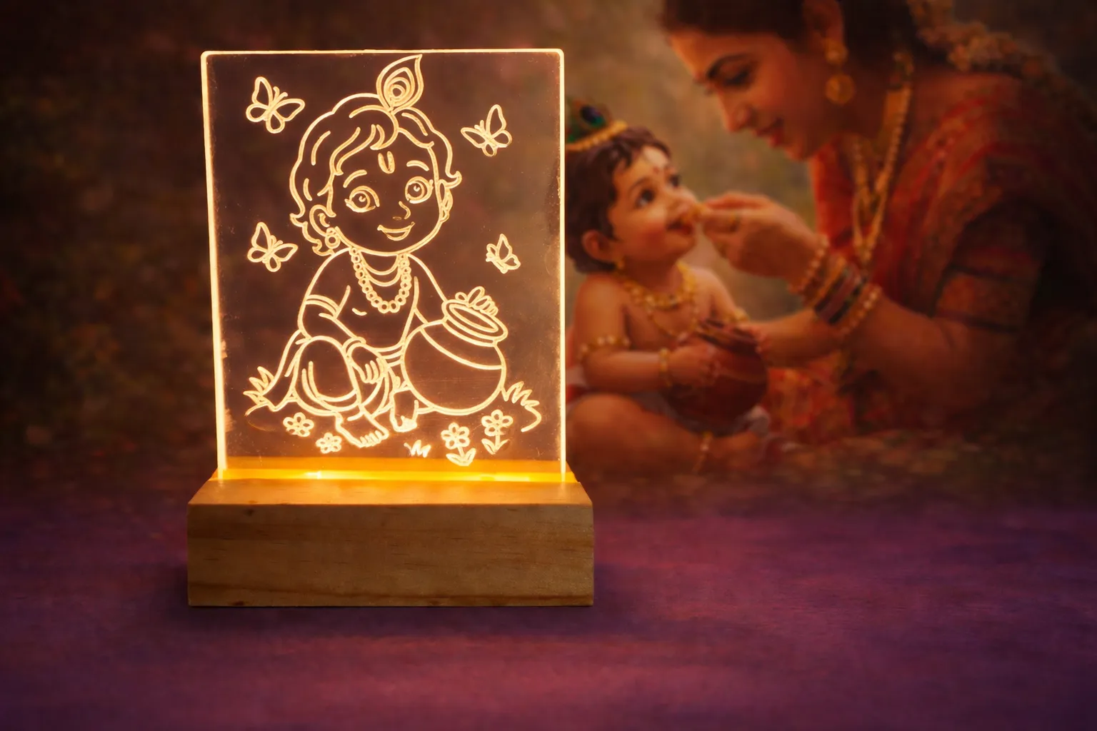 Bal Gopal Ji LED Night Light with Wooden Base, Hindu Deity Krishna Acrylic Lamp, Home Decor Gift Item, Warm Yellow Illumination with Power Adapter