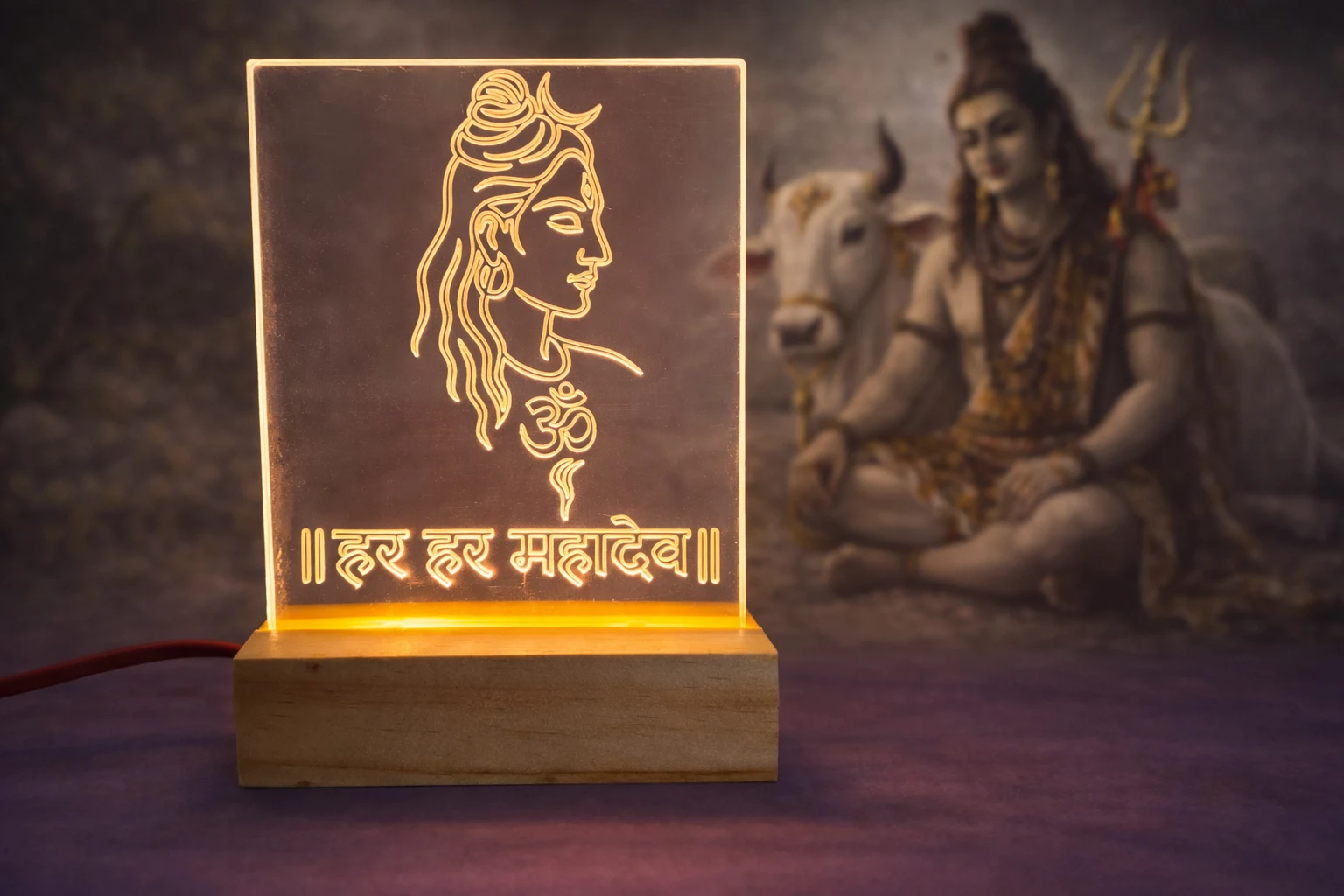 Har Har Mahadev Night Lamp with Wooden Base, Home Decor, Comes with Power Adapter 76% off