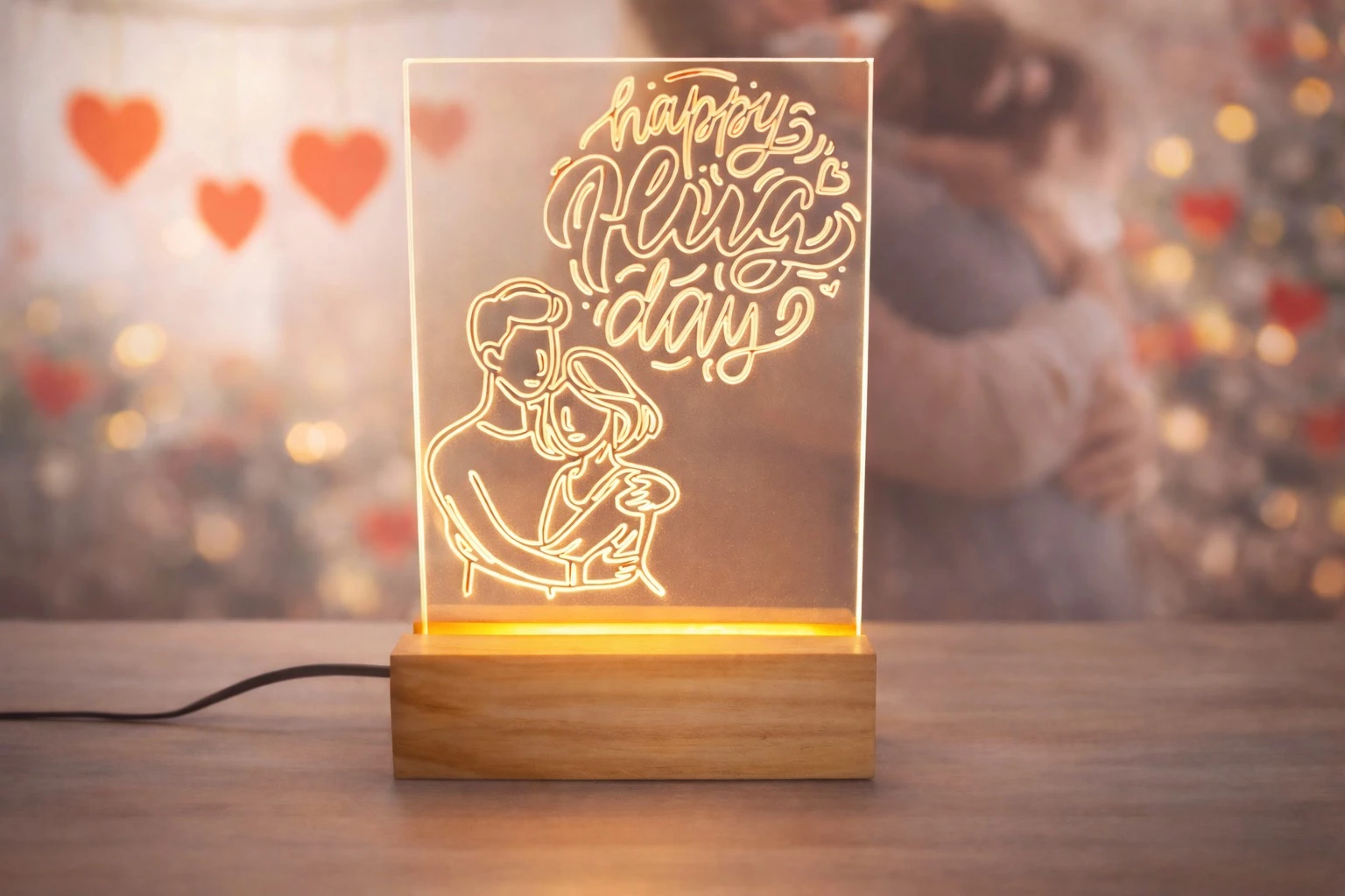 Happy Hug Day LED Night Lamp with Wooden Base, 3D Illusion Acrylic Light with Power Adapter, Valentine's Week Gift, Home Decor